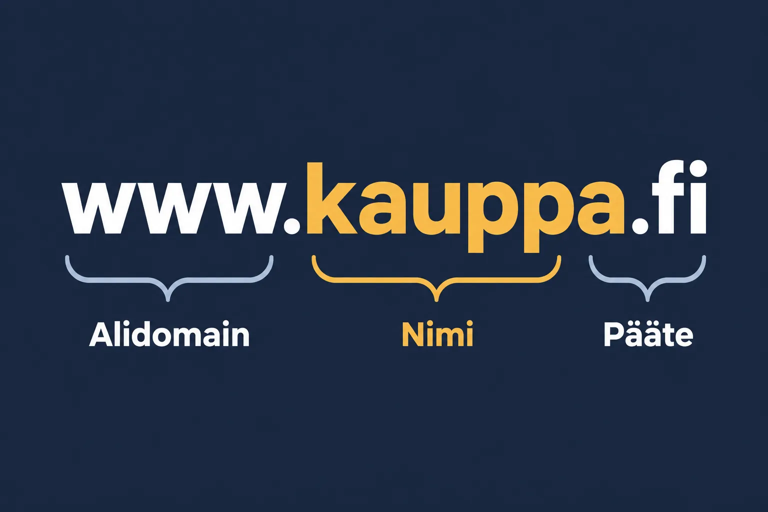 Osoite www.kauppa.fi jaettuna osiin: www on alidomain, kauppa on itse valittava nimi ja .fi on pääte.